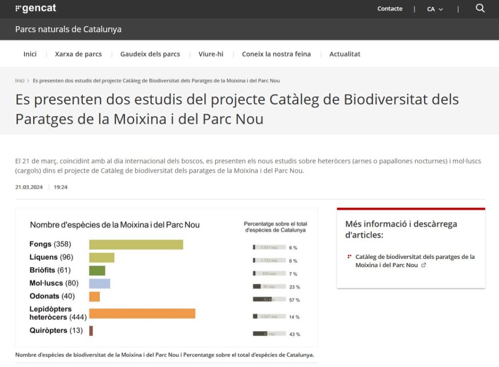 Es presenten dos estudis del projecte Catàleg de Biodiversitat dels Paratges de la Moixina i del Parc Nou